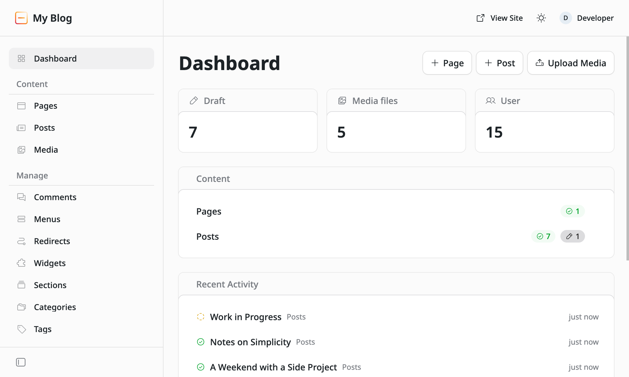 EmDash CMS dashboard